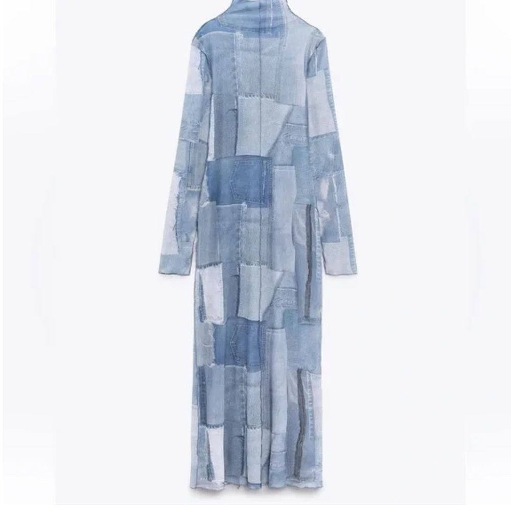Zara Denim Print Long Sleeve Dress Size S